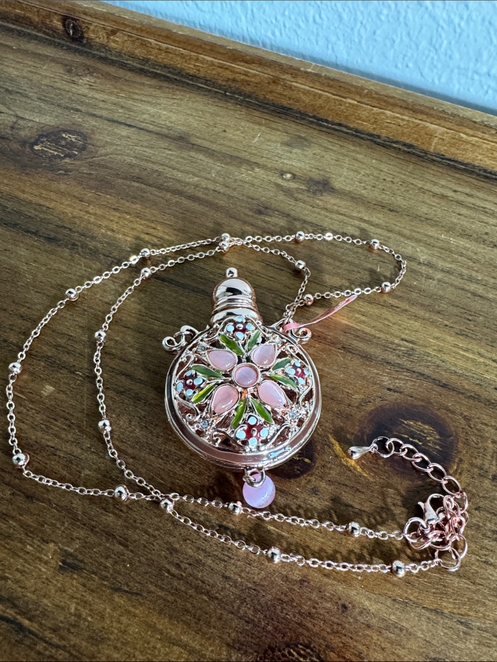 Rose Gold Floral Vial Pendant Necklace with Pink Accents
